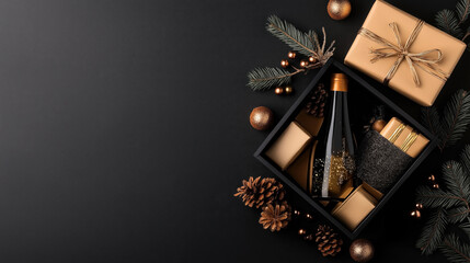 Elegant Christmas gift arrangement with golden wrapped presents, wine bottle, and pine branches on dark background