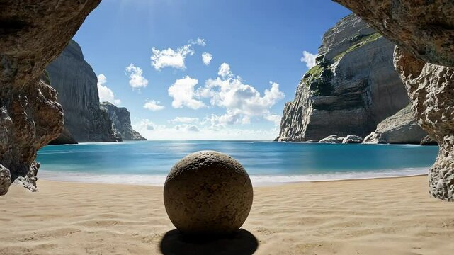 Serene beachscape with spherical rock coastal cliffs