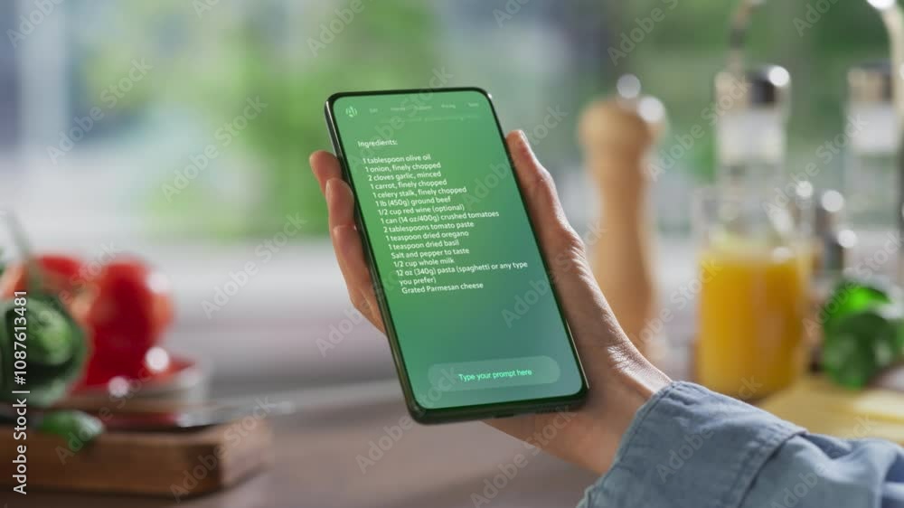 Fototapete Hand Holds a Smartphone Displaying an AI Chatbot Interface. Device Shows Recipe Ingredients and Instructions, Ai Assistant Provides Culinary Guidance. Technology Helps Mobile Phone User