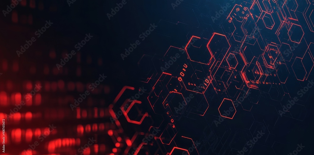 Poster Abstract digital background featuring hexagonal patterns and glowing red elements.