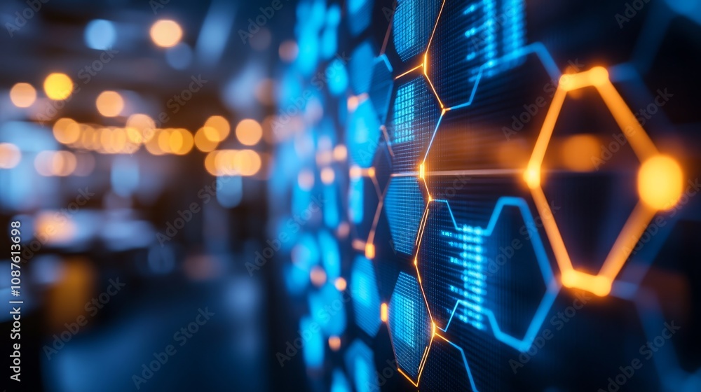 Poster abstract hexagon network glowing digital data.