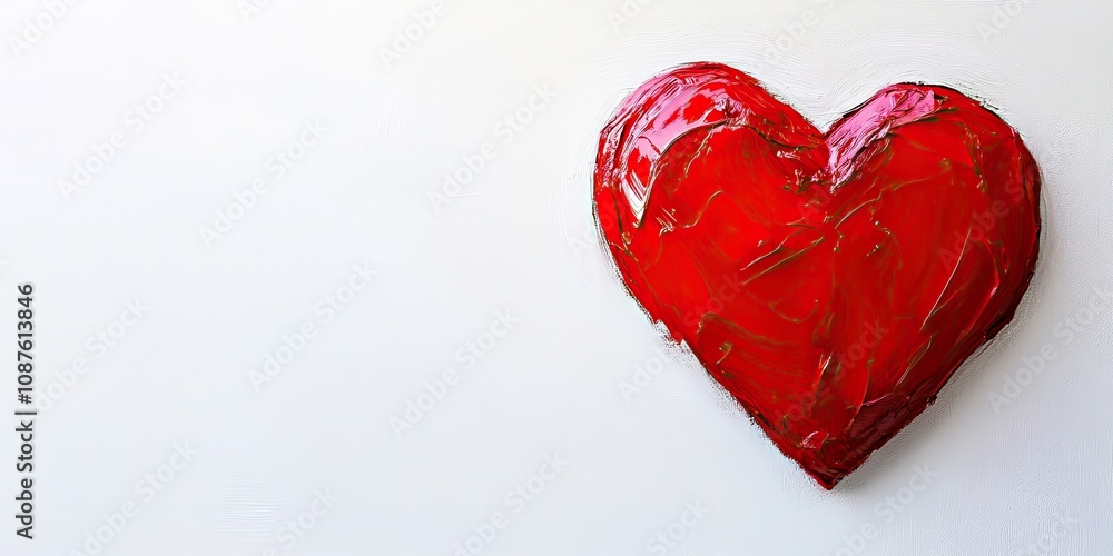 Poster vibrant red heart prominently displayed on a clean white background, creating a striking visual cont