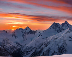 A breathtaking sunset over snowy mountains, with warm orange and pink colors in the sky, softly illuminating the icy landscape, ai.