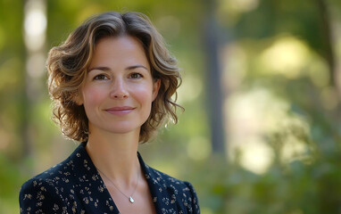 Professional Outdoor Elegant Woman with Short Curly Brown Hair Friendly Smile Floral Print Jacket in Park Setting with Soft Focus Bokeh Background