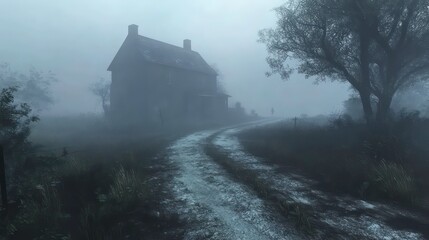 Road covered in mist leading to a spooky house, with the faint sound of something walking in the distance