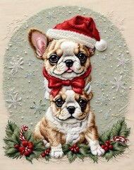 Charming French Bulldog in Santa Hat with Embroidered Christmas Patterns on Cream Mohair Background