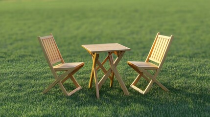 Fototapeta premium Simple wooden chairs and table set on a grassy lawn in a garden, perfect for a relaxing outdoor dining experience.