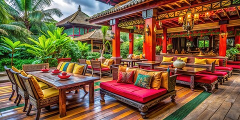 Obraz premium Ponokawan Restaurant Binjai Indonesia - Tranquil Outdoor Seating Area - Cultural Tourism Visuals