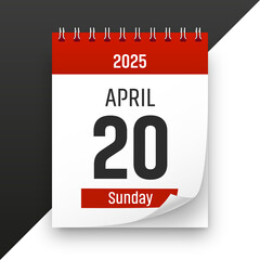 Date 20 April 2025 year realistic calendar day page design