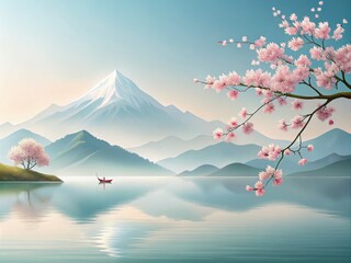 Serene Japanese Landscape Painting in Minimalist Style with Tranquil Nature and Copy Space for Relaxation Themes