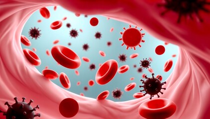 Viruses infiltrating the bloodstream surrounded by red blood cells, symbolizing the interaction between pathogens and the immune system.