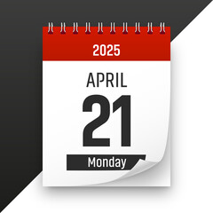 Date 21 April 2025 year realistic calendar day page design