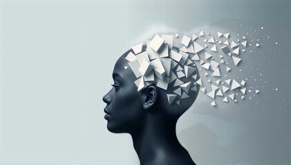 A symbolic portrayal of mental health challenges, showing a woman’s profile with her head dissolving into abstract geometric pieces. The image reflects themes of dementia, memory loss, and psychologic
