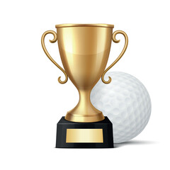 Vector 3D Realistic Yellow Golden Champion Cup and Golf Ball Set. Metal Trophy Design Template for Sports Championship. Trophy and Golf Ball, Front View. Vector Illustration for Sports Concepts