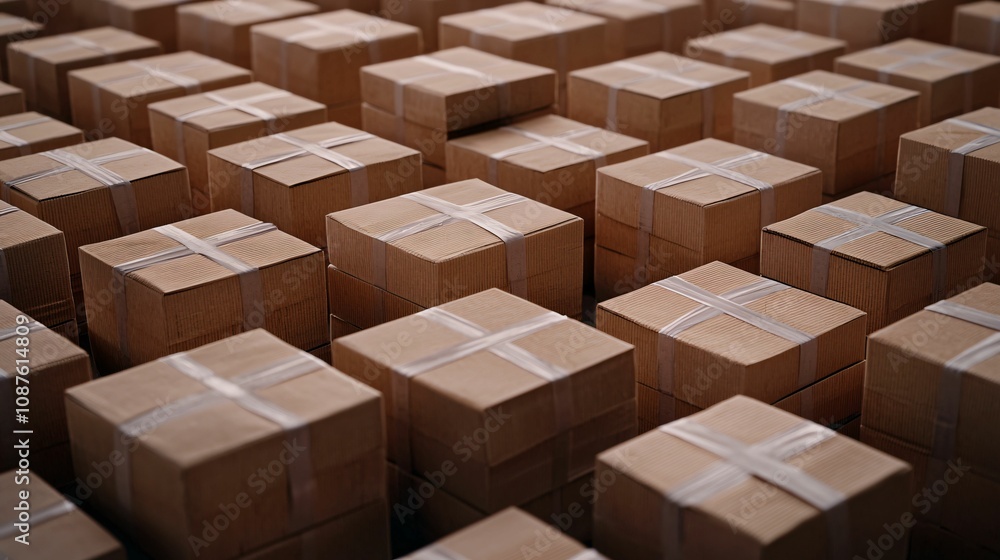 Poster e-commerce logistics fulfillment. a close-up view of numerous cardboard boxes stacked neatly, showca