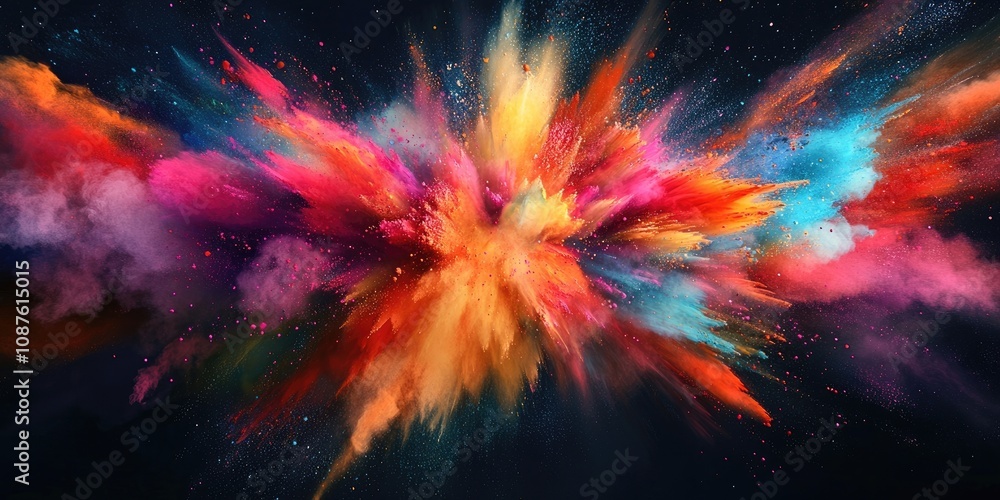 Poster vibrant abstract powder explosion on a dark backdrop, showcasing an array of colorful hues. this stu