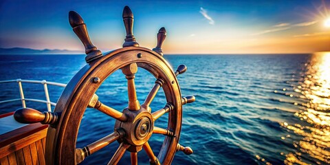 Ship Wheel on Boat with Sea and Sky, Symbolizing Freedom and Adventure in Tilt-Shift Photography