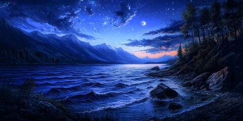 Twilight glow illuminates the night sky, casting a magical ambience over the dark waves of the lake water, creating a serene scene of twilight and night sky beauty.