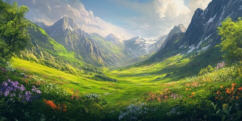 Lush green mountain valley scene showcasing the beauty of nature, featuring a serene green mountain valley with vibrant flora and stunning landscapes that invite exploration.