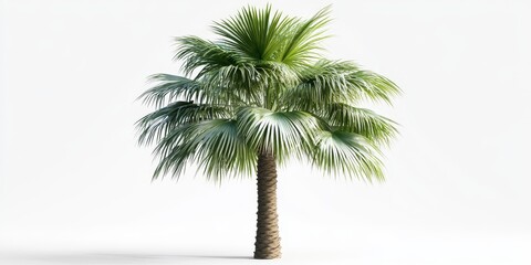 Naklejka premium Isolated green palm tree on a white background features a clipping path and alpha channel, showcasing the vibrant details of the green palm tree in a clean presentation.