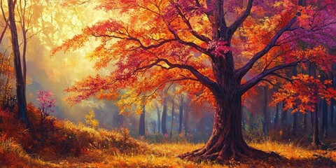 Autumn tree in the forest showcases vibrant colors, creating a stunning scene of nature. The autumn tree stands tall amidst the forest, highlighting the beauty of the season.