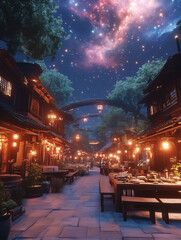 Fototapeta premium Enchanting nighttime village street adorned with lanterns under a starry galaxy, perfect for wall art, posters, or festive event decorations.