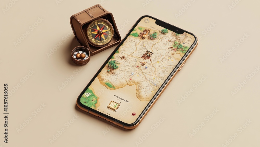Poster A smartphone displaying a map game, accompanied by a compass and decorative box.