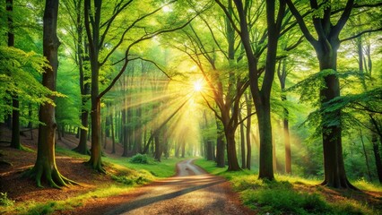 Naklejka premium Tranquil Forest Landscape Bathed in Golden Sunlight with Lush Green Foliage and Serene Atmosphere for Nature Lovers and Outdoor Enthusiasts in High-Resolution Quality