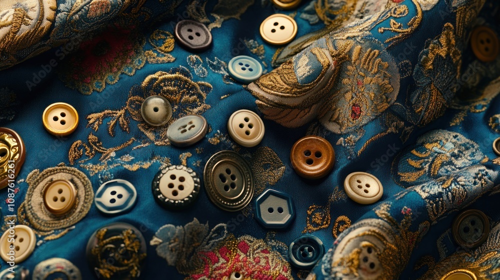 Poster a close-up of colorful buttons on a richly patterned fabric.