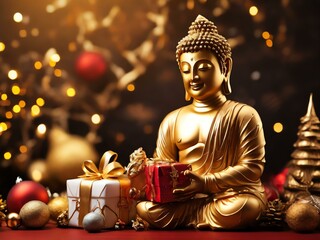 Golden Buddha and Jesus Christ sharing Christmas gifts amidst festive decor.
