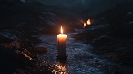 Single candle in a holder burning in darkness, illuminating the surrounding area with a soft and calming glow.