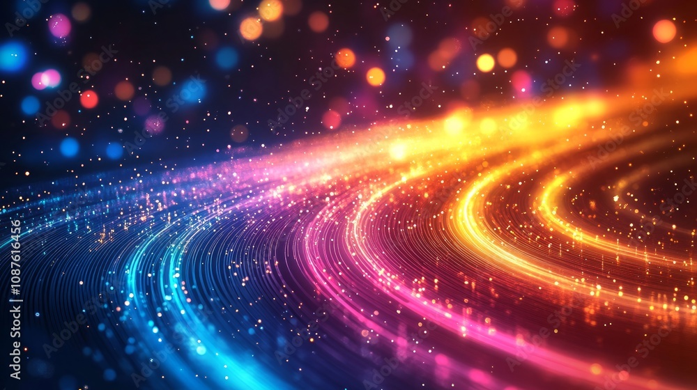 Poster abstract swirling light trails with vibrant colors and bokeh effect.