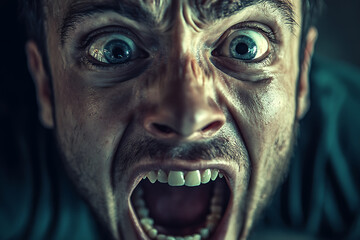 A shocking human face, capturing intense emotion with exaggerated features and dynamic expressions 