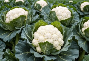 A close-up of a field of cauliflower plants