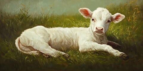 Obraz premium Portrait of a white calf resting peacefully in a lush green pasture, capturing the serene beauty of nature and the innocence of the white calf amidst the vibrant landscape.