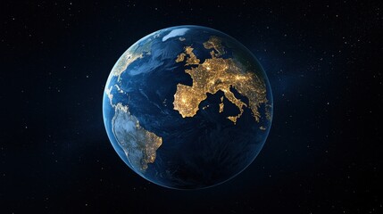 Obraz premium A vibrant view of Earth from space, showcasing illuminated continents and oceans against a dark backdrop.