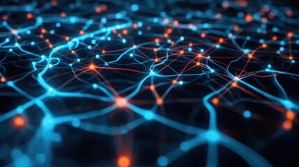 A vibrant network of interconnected nodes and lines, illuminated by blue and orange lights, showcasing a digital or abstract representation of data flow.