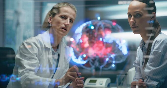 Physician And Patient Examine Holographic Brain Model. Futuristic 3D Visualization Of Medical Technology. AI Neural Biosensor Data, Precision Diagnostics, Personalized Medicine Neuromodulation Therapy