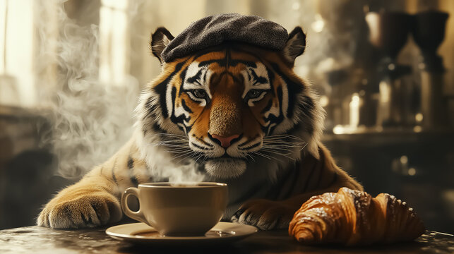 Whimsical and cozy tiger enjoying coffee and croissant, perfect for unique wall art, posters, and decoration, ideal for cafes and culinary themes.