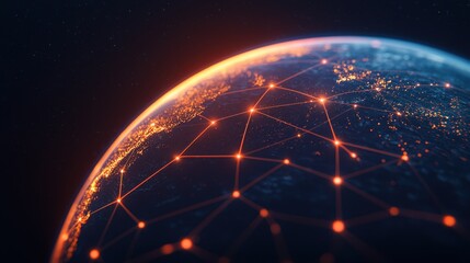 A visually striking depiction of Earth illuminated by network connections, showcasing a digital world interconnected through technology and data.