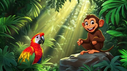 A playful cartoon monkey perched on a rock with a smiling parrot sitting beside rays of sunlight streaming through the jungle foliage.