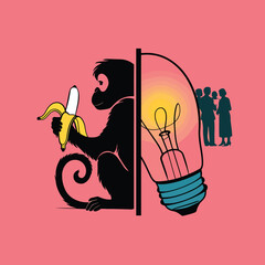 Obraz premium monkey art drawing with brain and banana colorful line art illustration