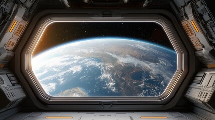 Naklejka premium A stunning view of Earth from a spacecraft window, showcasing the planet's surface and features against a backdrop of space.