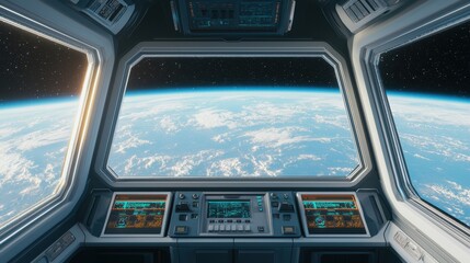 A view of Earth from a spacecraft cockpit, showcasing a stunning planetary landscape against the vastness of space.