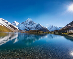 A serene lake reflects the blue sky and snow-capped mountains on a clear sunny day, ai.
