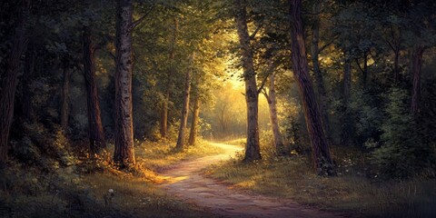 Obraz premium Evening light filters through the trees, illuminating a serene path through the forest. This enchanting evening light highlights the beauty of the forest and invites exploration along the path.