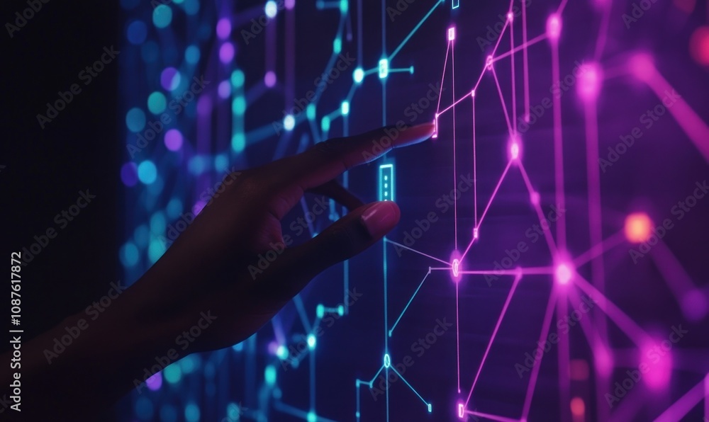 Poster a hand interacts with a glowing, abstract digital interface of interconnected nodes.