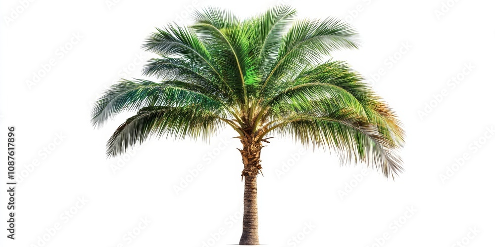 Poster Isolated green palm tree on a white background features a clipping path and alpha channel, showcasing the vibrant details of the green palm tree in a clean presentation.