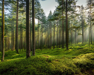 Obraz premium A misty pine forest at dawn, featuring towering trees and green grass, creating an enchanting and atmospheric scene, ai.