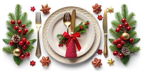 Surreal Christmas Dinner Table Setting with Cutlery Set and Plate, Fork, Spoon, Knife - Holiday Greeting Design